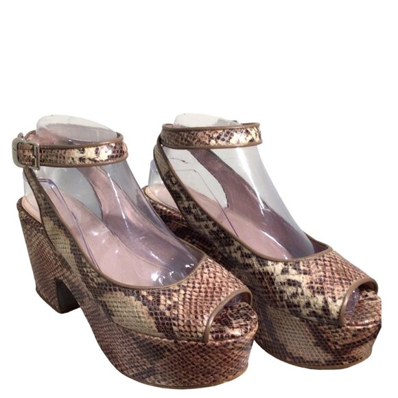 KURT GEIGER 8.5 39 Snake Print Leather Platform Sandals Ankle Strap Peep Toe - Picture 2 of 11